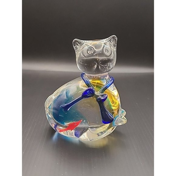 Vintage Clear‎ And Swirl Glass Cat Gold Fish Bowl Blue Paperweight Figure  4 In - Picture 2 of 10